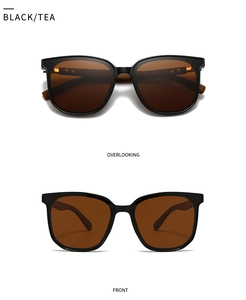 Front and top view of oversized square polarized sunglasses with black frames and tea lenses