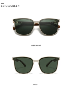 Front and top view of round beige frames with dark green polarized lenses