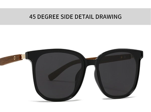 Detailed 45-degree side view of retro black sunglasses with walnut wood texture temples