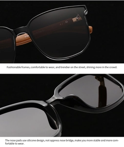 Detail view of round polarized sunglasses featuring wood texture temples and silicone nose pads