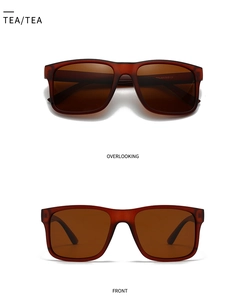 Vooraanzicht en bovenaanzicht van gepolariseerde vierkante zonnebril in theebruin