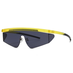 Futuristic aviator sunglasses with yellow frame and grey one-piece lens for driving