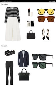 Platte lay-out van gepolariseerde zonnebrillen met zakelijke outfits voor dames en heren