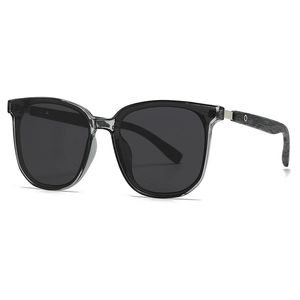 Classic round polarized sunglasses with black glossy frames and dark wood grain temples