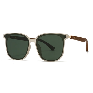 Retro polarized round sunglasses with beige frame and brown wood grain temples