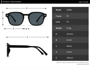 Detailed size specifications for square frame sunglasses with frame and lens dimensions