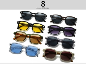 Grid view of modern retro square sunglasses in eight different frame and lens colors