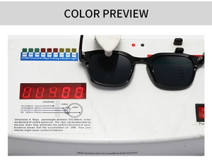 UV400 protection test for square black sunglasses using professional UV light detector