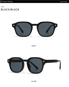 Front and side view of square black sunglasses with silver rivet accents and black lenses