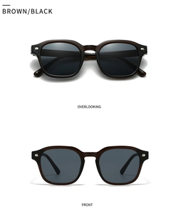 Detailed front and top view of retro square double-bridge sunglasses in black and brown