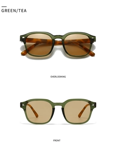 Front and overlook views of green translucent square sunglasses with tea lenses