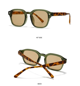 Detail view of square sunglasses with green frames, tortoiseshell temples and tea lenses
