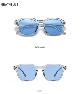 Front and top view of retro square double bridge sunglasses in gray and blue