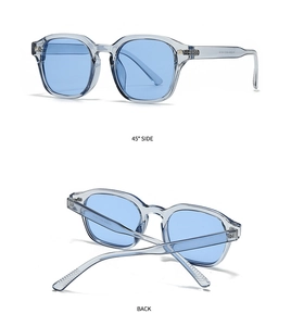 Detailed 45-degree side and back view of modern square sunglasses with blue lenses