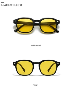 Front and top view of retro square double-bridge sunglasses with black frames and yellow lenses