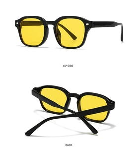 Detail view of square black frame sunglasses with yellow lenses from side and back angles