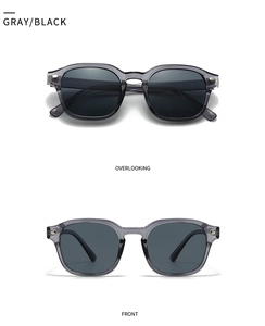 Front and top views of retro square double-bridge sunglasses with gray translucent frames