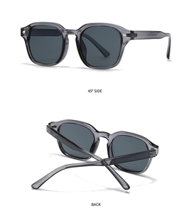 Detailed 45-degree side and back view of grey translucent square sunglasses frame