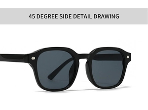 Detail view of square black sunglasses with dual beam frame and silver rivet accents