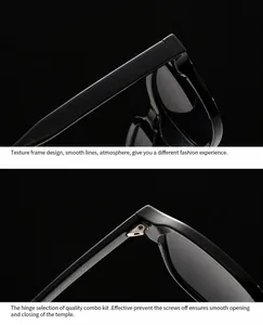 Close-up of retro square sunglasses showing high-quality metal hinges and frame texture