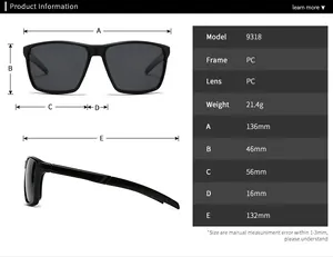 Guide des tailles détaillé pour les lunettes de soleil carrées polarisées modèle 9318