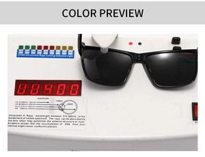 Gros plan du test de protection UV400 pour lunettes de soleil polarisées à monture carrée