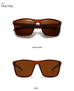 Vues de face et de dessus de lunettes de soleil carrées polarisées thé avec marquage CE