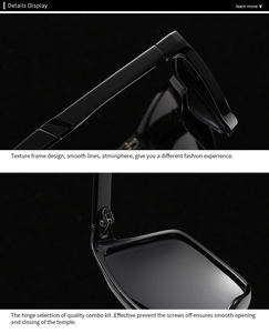 Détail des charnières métalliques et de la monture texturée des lunettes de soleil noires