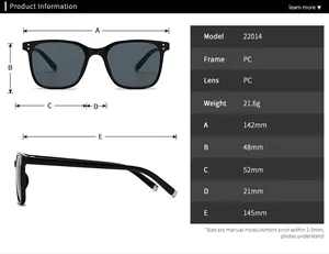 Detailed size specifications for square frame sunglasses showing model 22014 dimensions