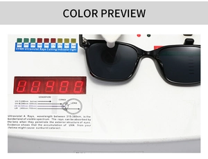 UV400 protection test for retro square sunglasses with deep gray lenses and black frame