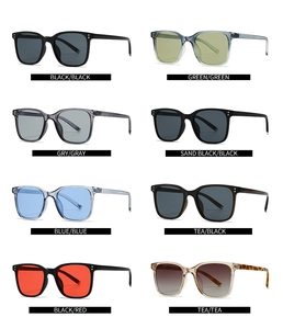 Multiple color options of retro square double-bridge sunglasses shown in a grid layout