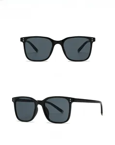 Detailed front and side views of black square sunglasses with metallic rivets