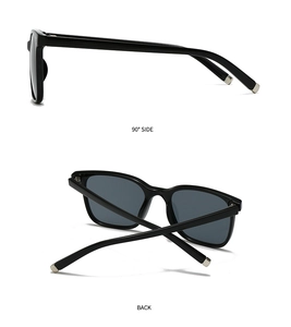 Detail view showing 90-degree side profile and back view of black square sunglasses