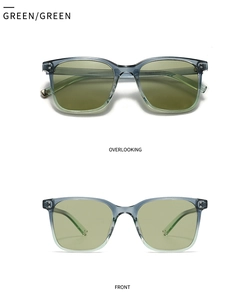 Detail view of modern square double-bridge sunglasses in translucent green finish