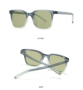 Detail view of retro square sunglasses with gradient blue-green frame and green lenses