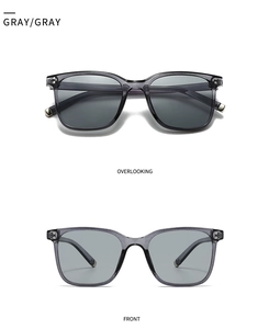 Front and top view of modern square double-bridge sunglasses with gray frames and lenses