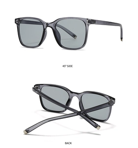 Detail view of square translucent grey sunglasses showing side and back hinge structure