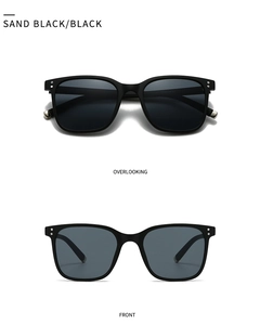 Front and top view of modern sand black square sunglasses with silver stud accents
