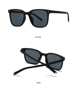 Detailed 45-degree side and back view of retro square double-bridge sunglasses with rivets