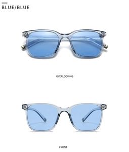 Front and top view of modern square blue sunglasses with transparent frames and metal details