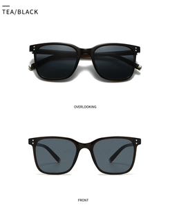 Close-up of square retro sunglasses with double bridge and silver rivet details