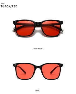 Front and top views of square double-bridge sunglasses with black frame and red lenses