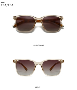 Detail view of modern retro square sunglasses with tea-colored frames and gradient lenses