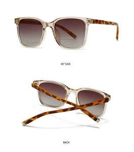 Detail view of square sunglasses showing 45-degree side angle and tortoise shell temples