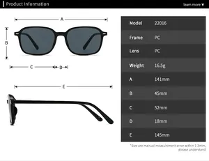 Detailed sizing chart and specifications for rectangle sunglasses model 22016
