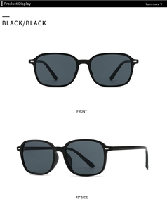 Front and 45-degree side views of black square double-bridge sunglasses in detail