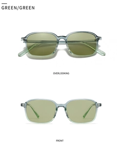Top and front view of retro square green sunglasses with transparent frames and green lenses