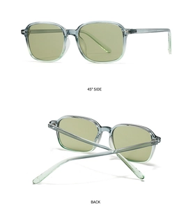 Detail view of transparent grey square sunglasses with light green lenses from 45 degree angle