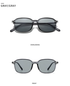 Detail of modern square sunglasses showing grey frames and dark lenses from two angles