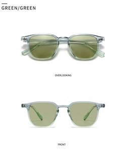 Lunettes de soleil rondes rétro vertes vues de dessus et de face sur fond blanc